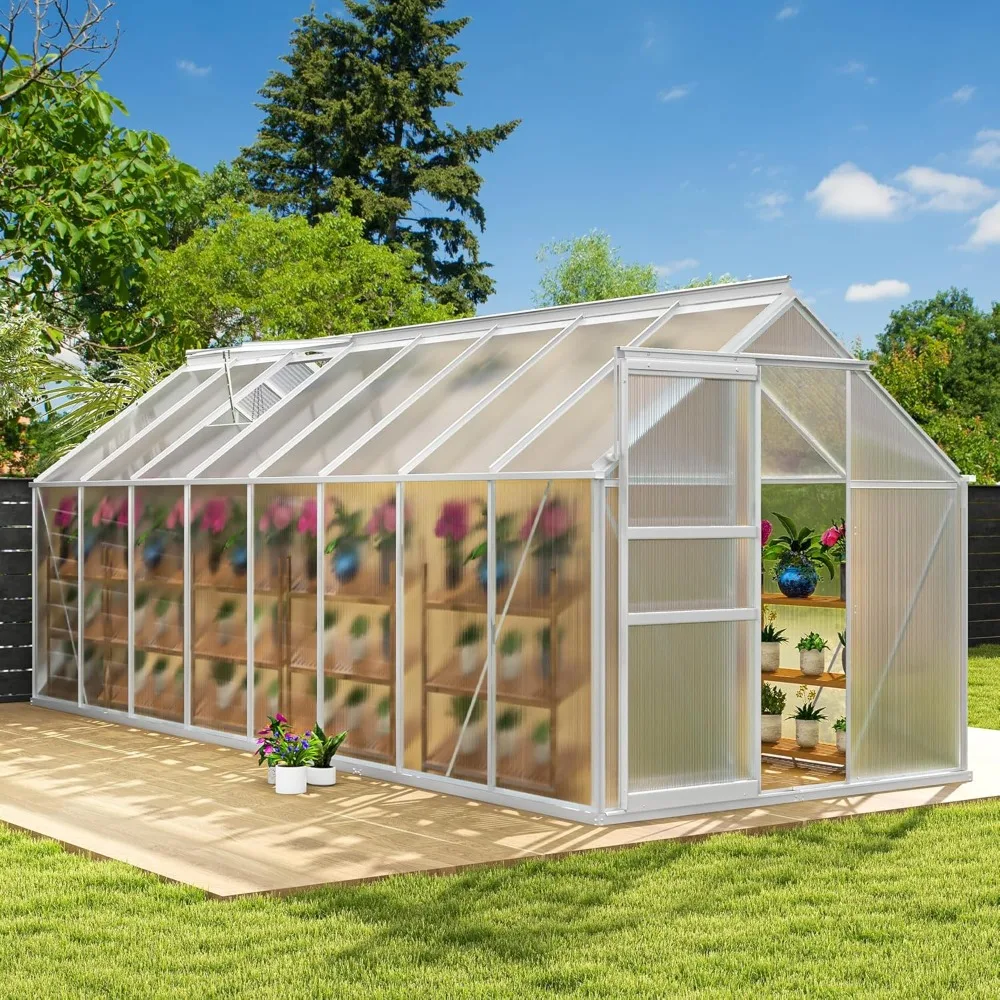

6x16FT Polycarbonate Greenhouse Heavy Duty Green Houses Outdoor Aluminum Greenhouses with Sliding Doors Vent Window Walk-in Gree