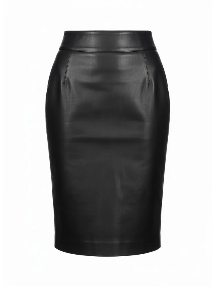 

Freeacy Women's Black PU Leather Skirt 2025 Autumn New High Waist Slim Fit Knee Length Skirts Elegant Bottoms for Office Ladies