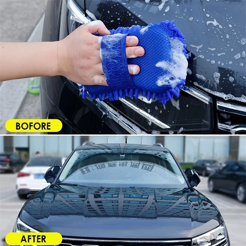 1 Pc Blue Microfiber Chenille Car Wash Sponge Care Washing Brush Pad Cleaning Tool Auto Washing Towel Gloves Styling Accessories