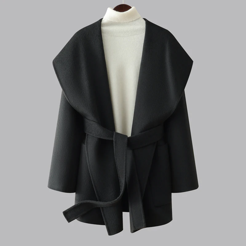 Women's cashmere coat casual solid short coat Korean version of large lapel double-sided woolen coat camel hair+wool belt pocket