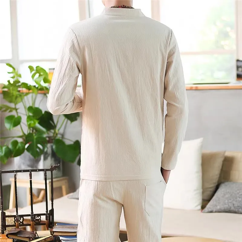 Pajama Set Men Cotton Linen Thin Sleepwear Middle Old Long Sleeve Pijama Male Large Size Loungewear Home Night Wear M-5XL