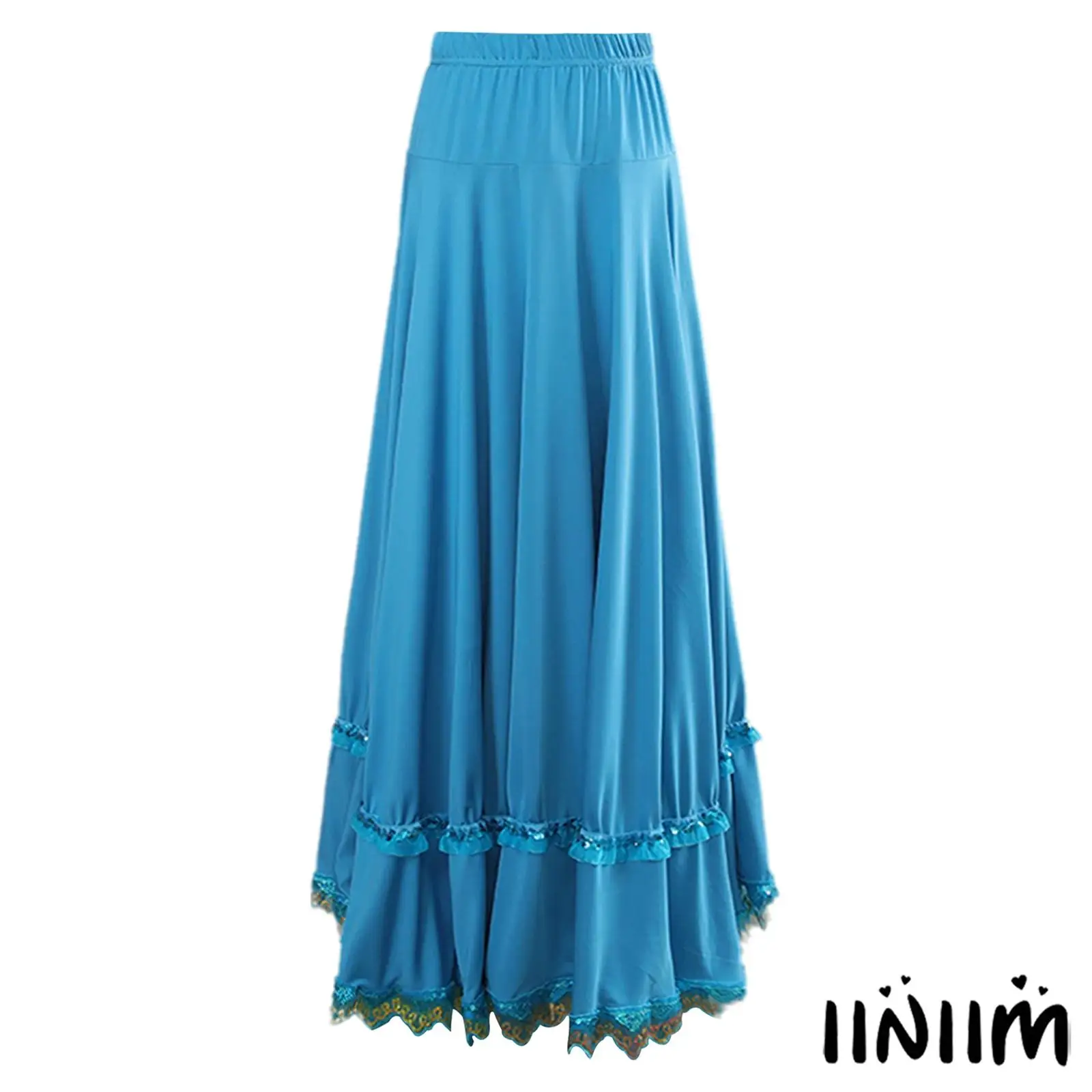 女性用伸縮性ウエストフラメンコダンスロングスカートフルサークル流れるようなデザイン、ボールルームスクエアダンス用のフリルレーストリム付き