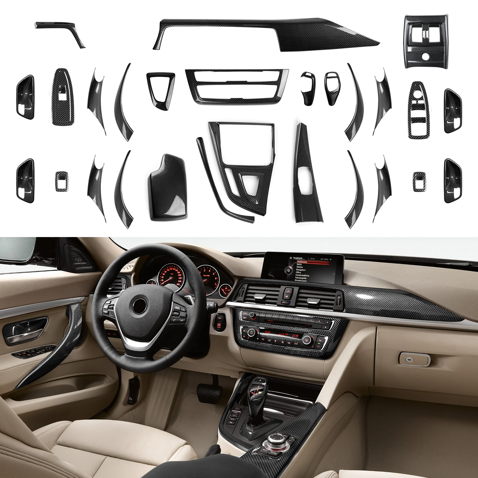 Car Center Console Dashboard Gear Shifter Panel For BMW F30 F31 F34 3GT F32 F33 F36 Trim Accessories, Carbon Fiber ABS Sticker