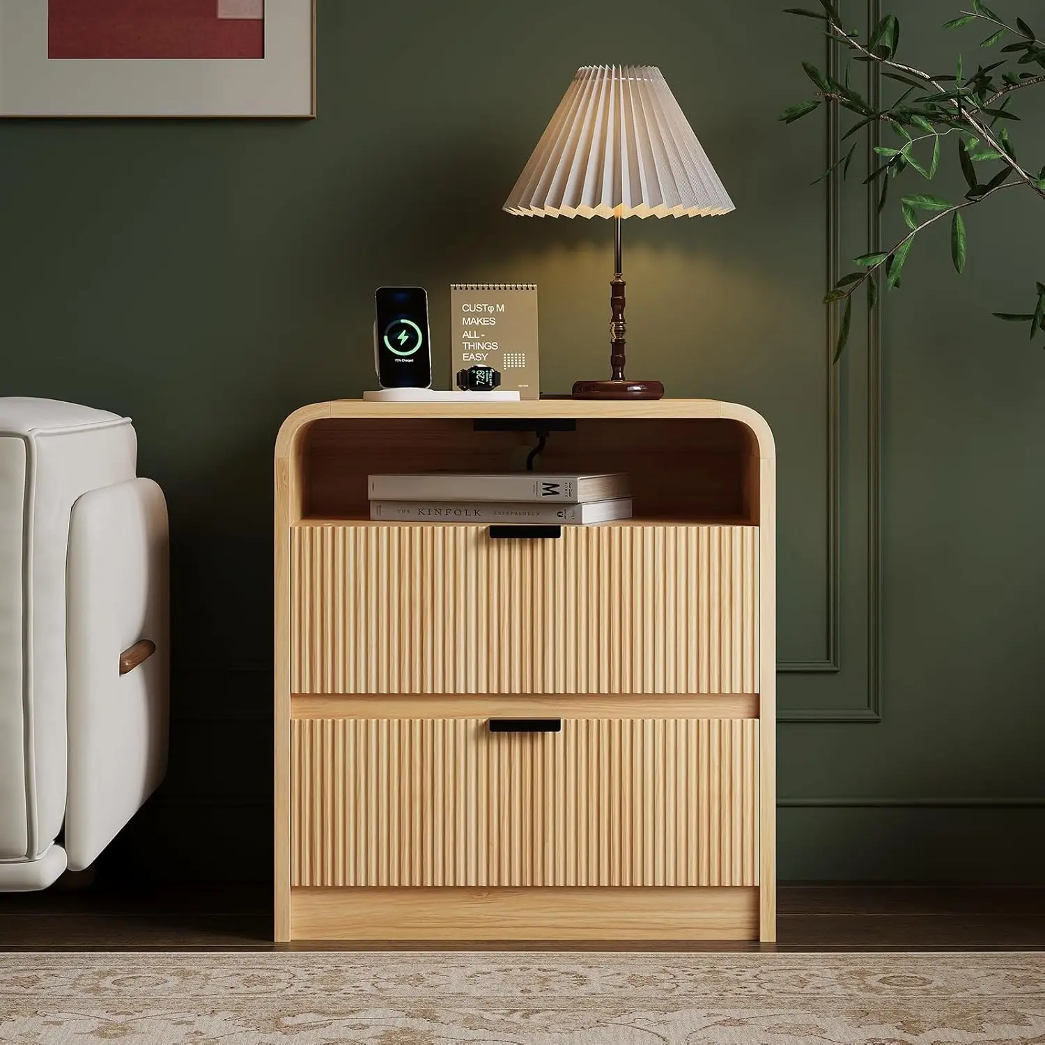 24' Fluted Nightstand with Charging, 2-Drawer Wooden Bedside Cabinet, Modern Natural Oak