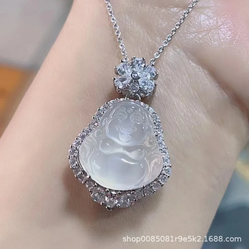 

High-quality chalcedony small Buddha pendant, silver-plated with white agate inlay, women's jade necklace accessory