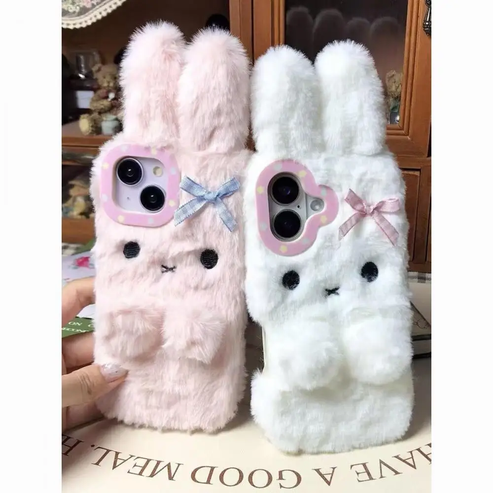 

Miffy Plush Cute White Pink Rabbit Phone Case Suitable for Iphone 16 15 Pro Max Pink Bow Soft Silicone Short Plush Back Case
