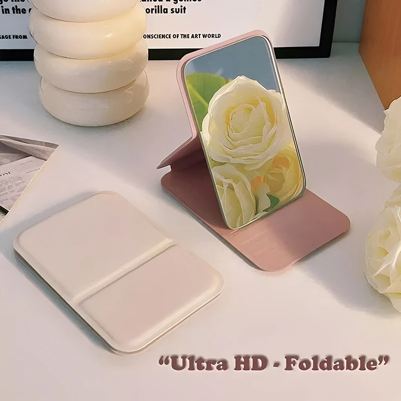 New PU Leather Solid Color Foldable Makeup Mirror Simple Portable Handheld & Desktop Dual-Use Student Cute Pocket Mirror