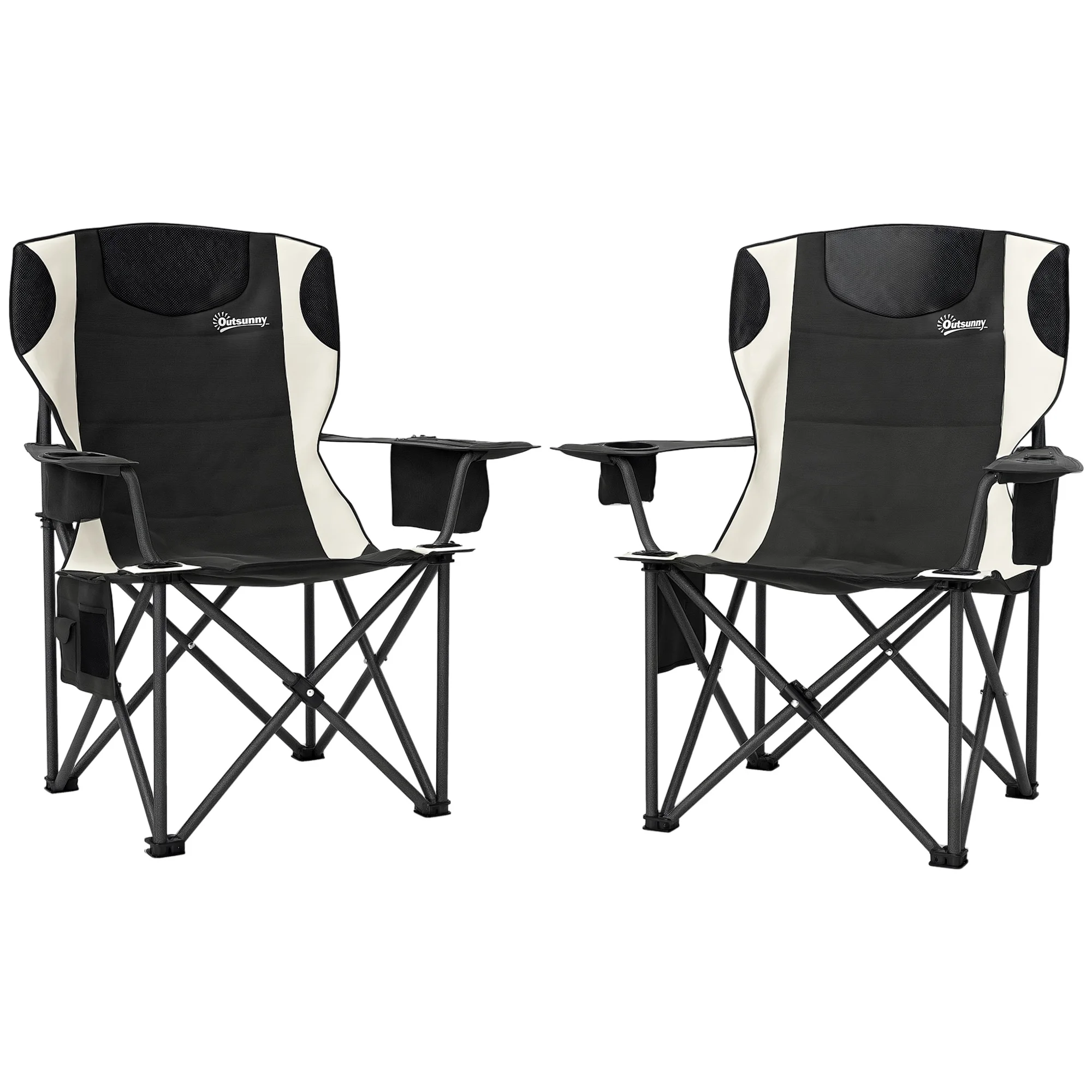 Lot 2 chaises pliables camping accoudoirs support boisson appui-tête sac isotherme noires, plage pêche pique-nique randonnée
