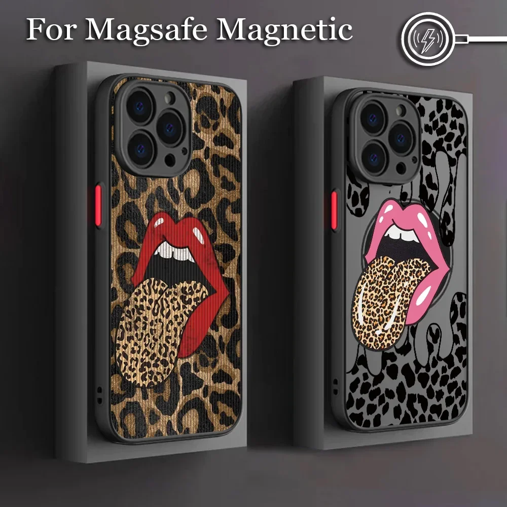 Hot Red Lip Leopard Print Phone Case For Samsung Galaxy S25 S24 S23 S22 S21 S20 FE Plus Ultra 5G Matte Magnetic Back Cover