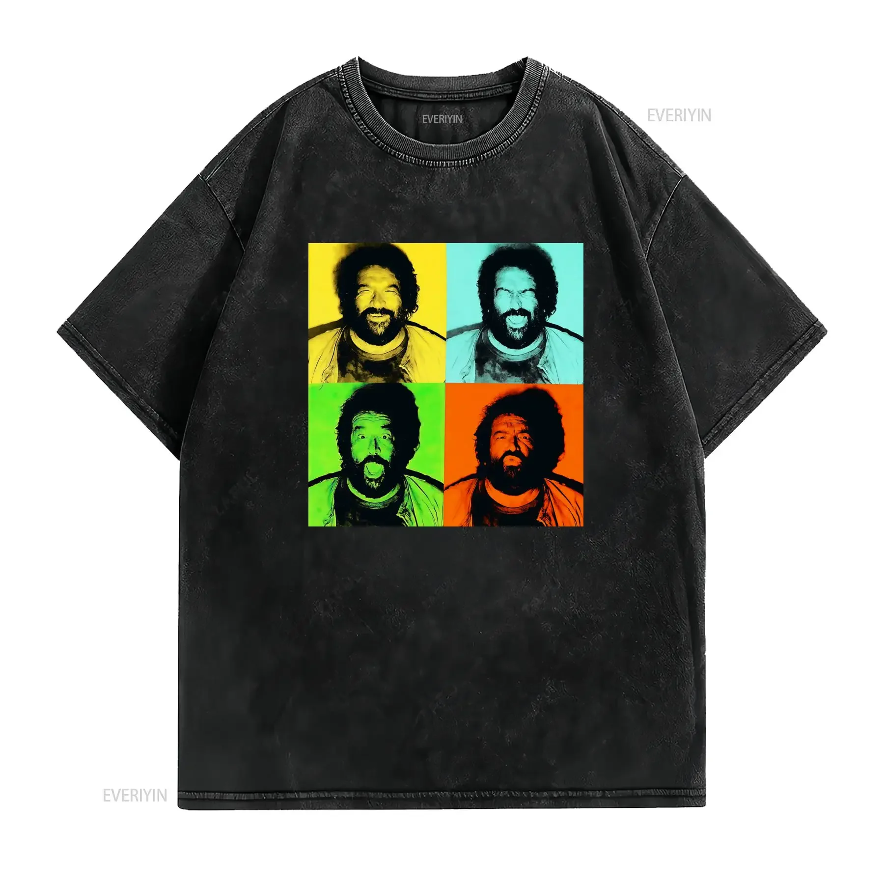 Retro Pop Art Funny Facial Expression Four Color Grid Print Casual Streetwear T Shirt vintage Washed Top For Everyday Wear