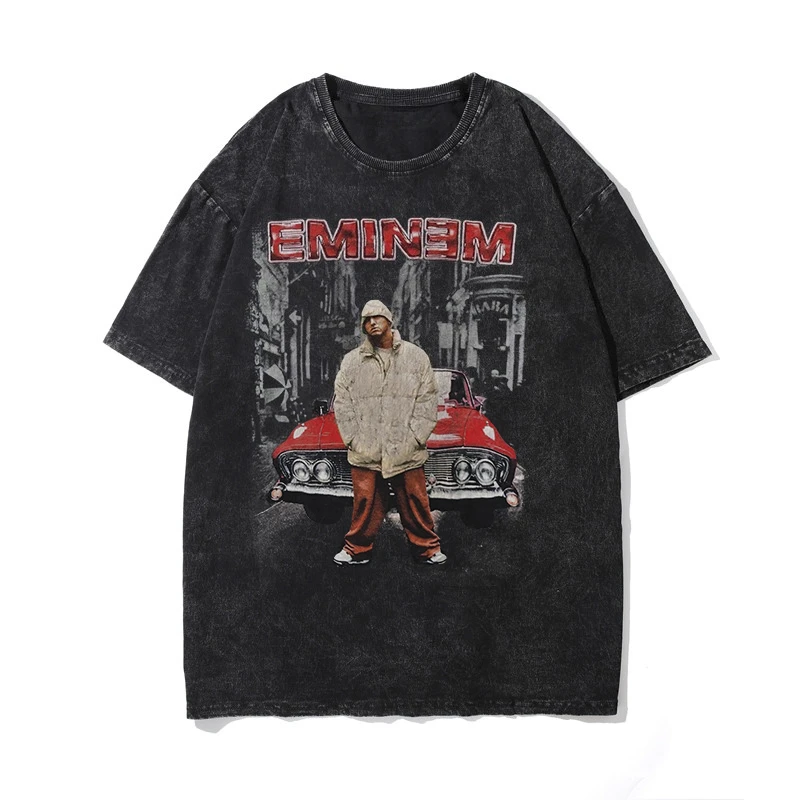 

Eminem American Retro Old Washed Car Printing Short Sleeves Loose Casual Spring and Summer Trend NBA Star T-shirt