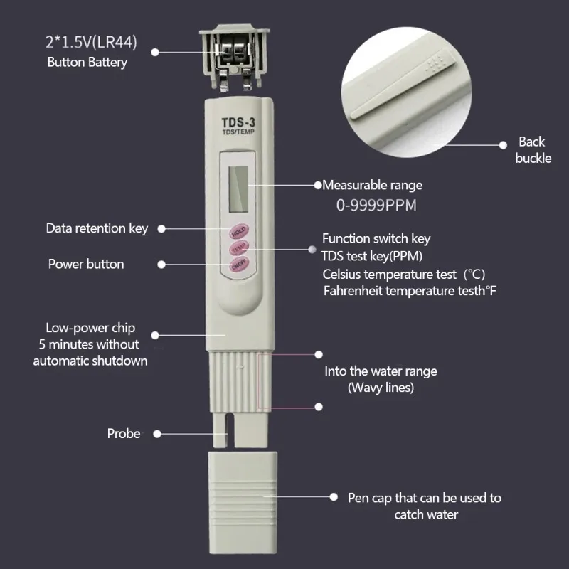

TDS-3 Portable Digital Water Quality Tester Pen - PH TDS Temperature Sensor Measuring Device for Water Purity Filter Monitoring