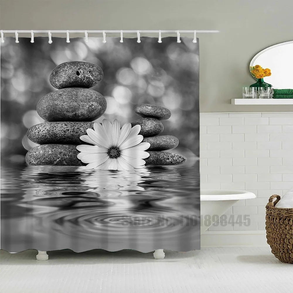 Zen Landscape Stone Bamboo Shower Curtain Waterproof Polyester Art Bathroom Curtain Flower Yoga Chinese Buddhist Shower Curtain