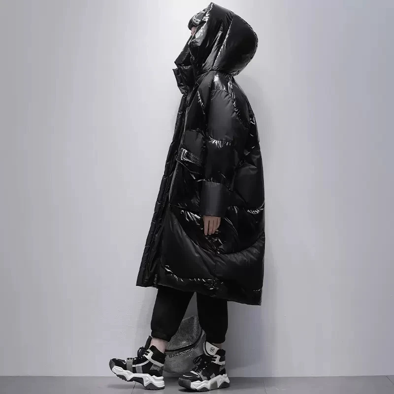 Doudoune Longue Noire Brillante pour Femme, Parka à Capuche, Décontractée, Épaisse, Chaude, Pardessus Féminin, Nouvelle Collection Hiver 2025