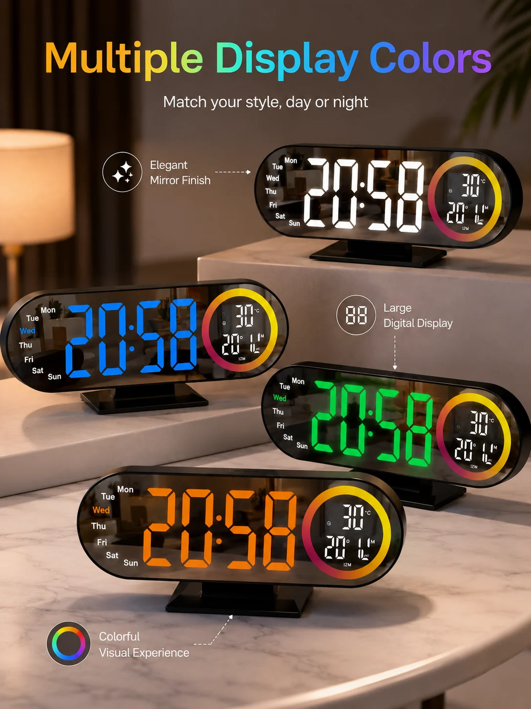 RGB Color Digital Alarm Clock Large LED Mirror Display Temperature Humidity Week Date Dimmable Brightness Bedroom Desk Clock