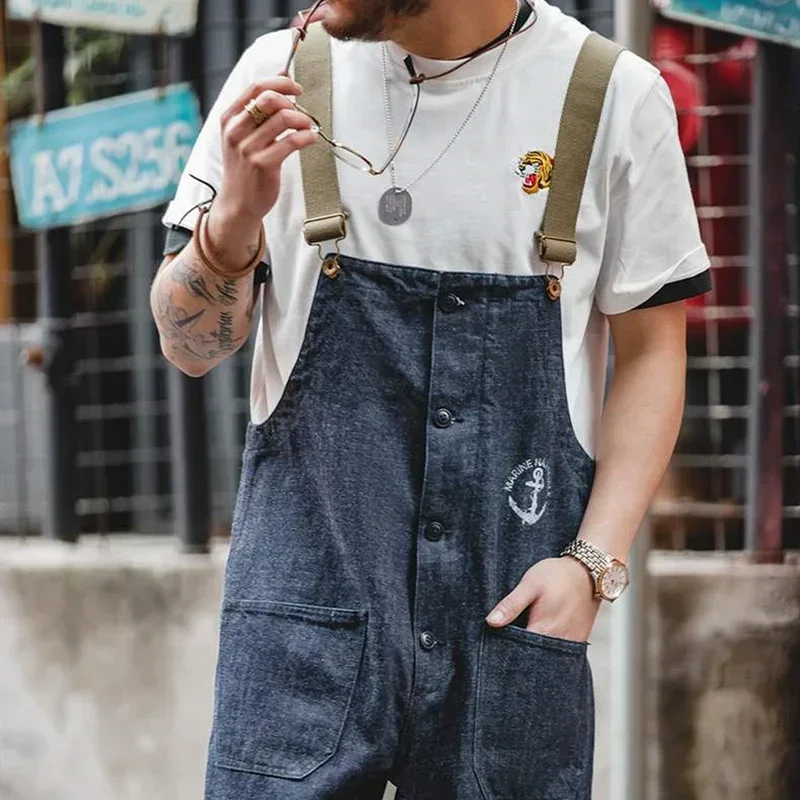 

Retro Cargo Overalls Navy Deck Denim Bib Overalls Washed Denim Straight Jeans Japanese Men's Pocket Jumpsuit Trendy Street Wear