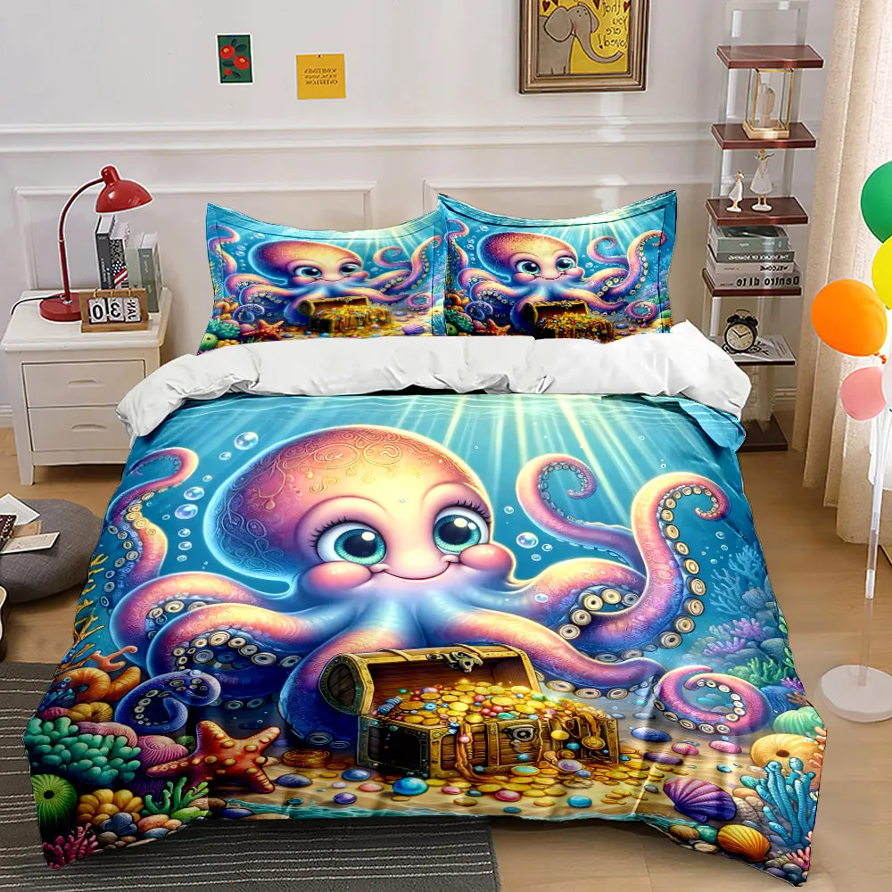 Octopus Guarding Undersea Treasure Bedding Set for Kids Luxury Gift 3pcs Digital Print Comforter Set Soft Comfortable Breathable