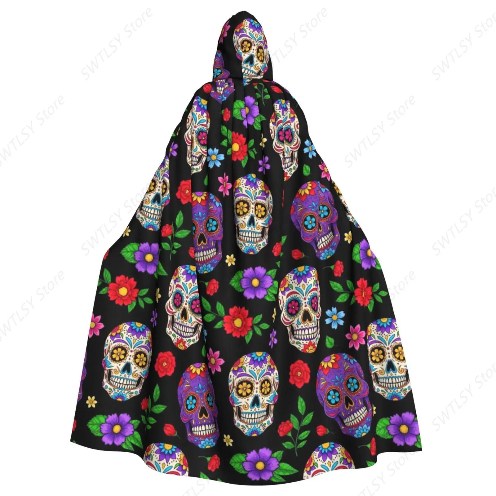 Women Men Cloak Cape Halloween Hooded Cloak Compatible with Purple Mexican Sugar Skulls Day Of The Dead Floral Flowers Art