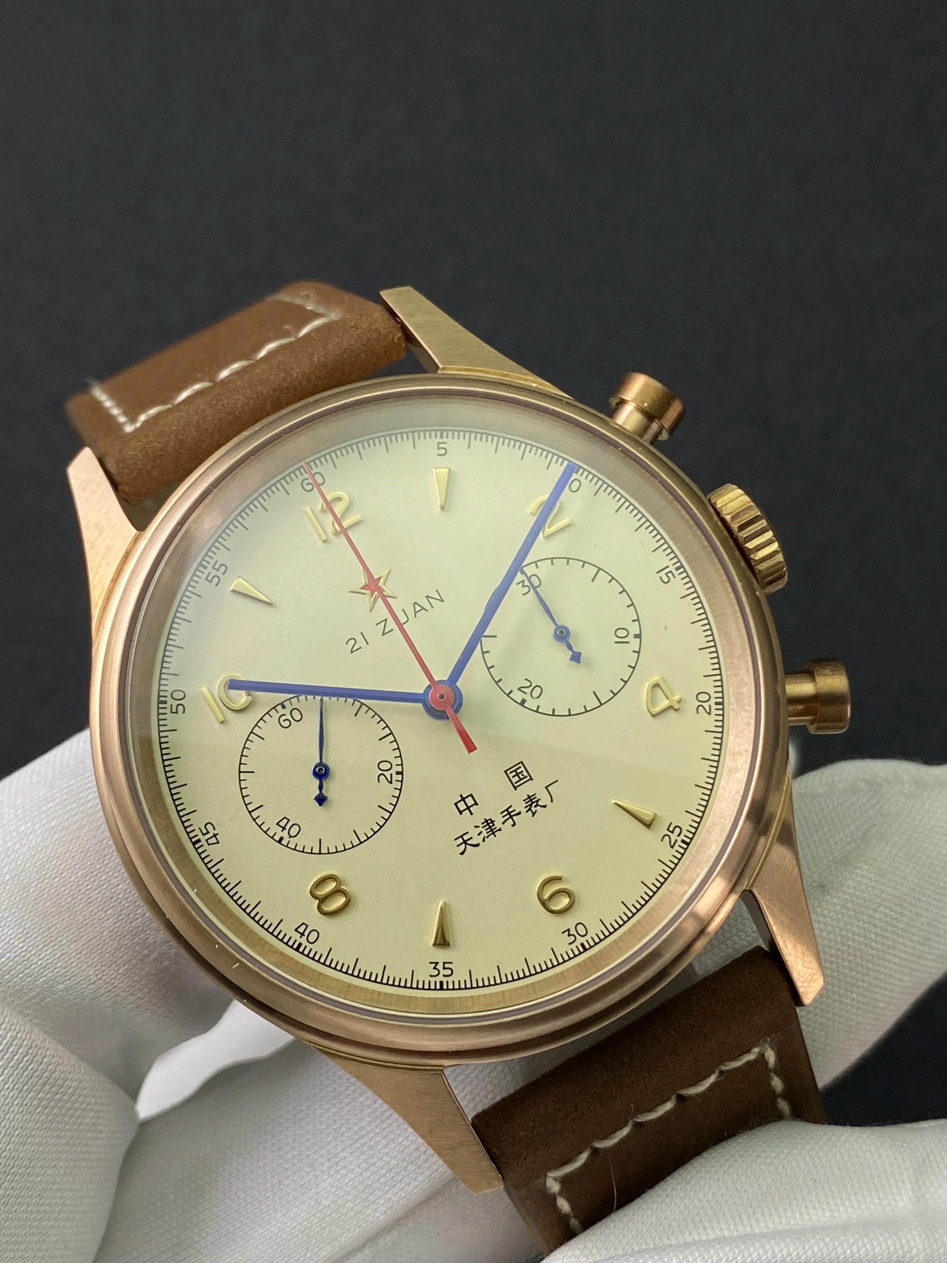 Premium Tin Bronze Case Vintage Pilot Manual Chronograph Watch Seagull ST1901 Column Wheel Mechanical Movement Dome Bubble Glass view 4
