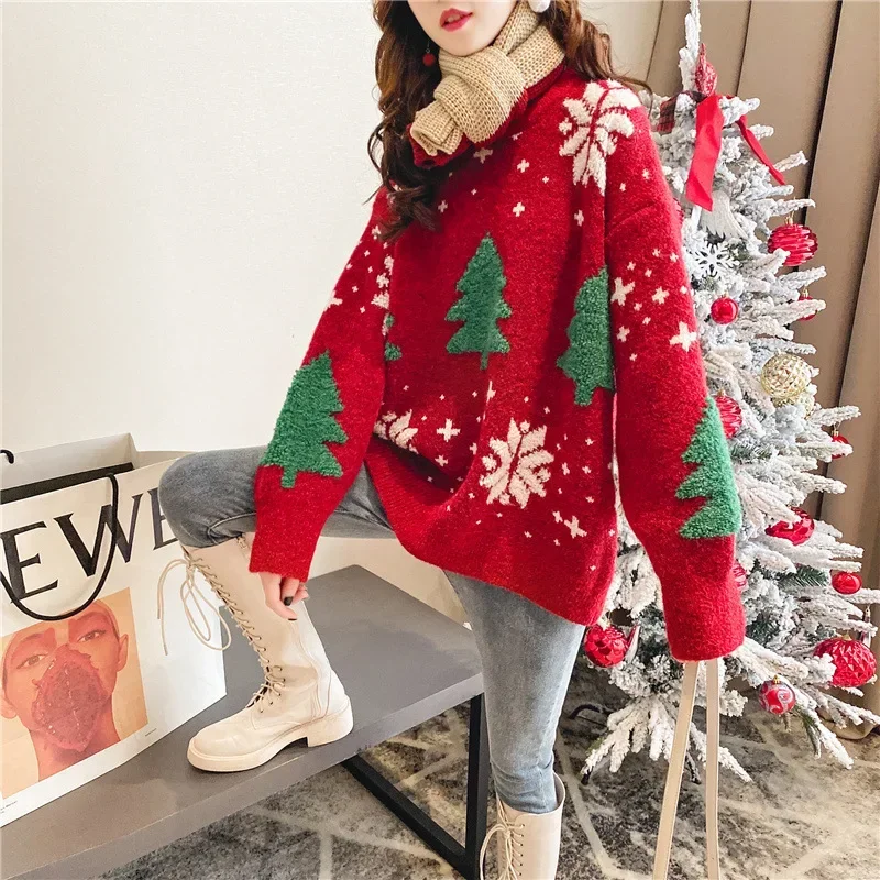 2024 Autumn Winter Christmas Sweater New Korean Thickened Color Blocked Women Hoodie Snowflake Loose Round Neck Lazy Style Tops