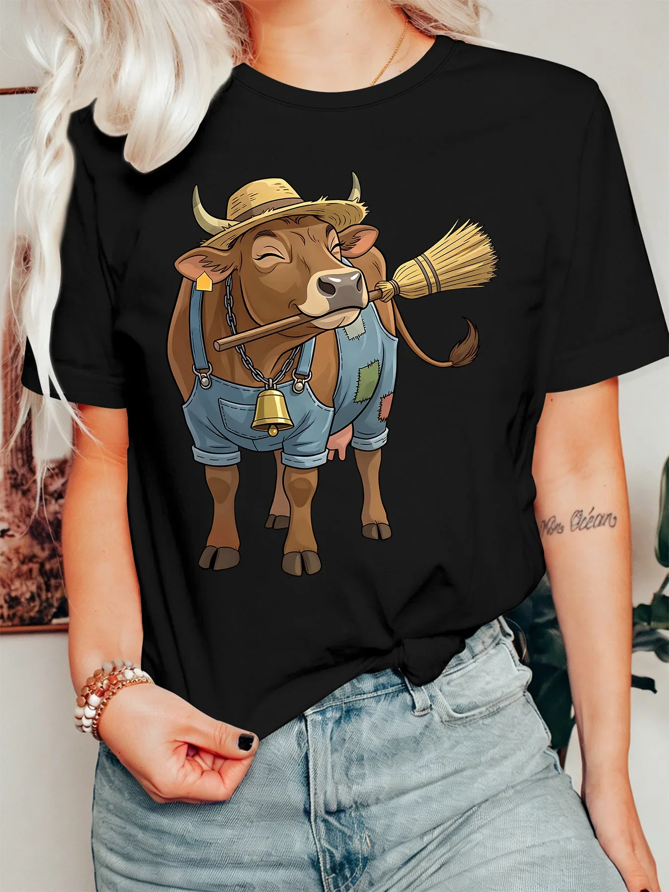 Cute Farmer Cow With Straw Hat Womens T Shirt Funny Farm Animal Overalls Broom Graphic Tee Short Sleeve Casual Daily Ladies Tops