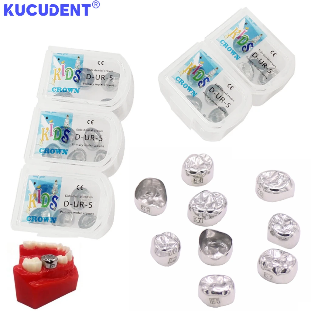 KUCUDENT5PCS تاج الأسنان للأطفال إعادة ملء المولي الأساسي الفولاذ المقاوم للصدأ التيجان مسبقة التشكيل UL-UR-LL-LR أسنان مولار كاملة الحجم للأطفال