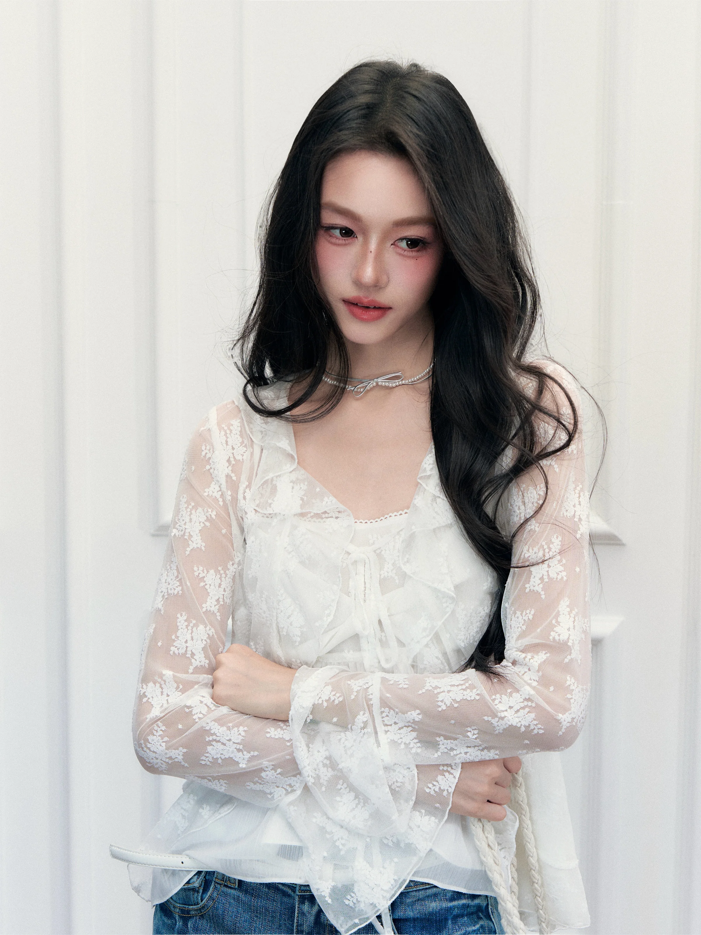 Fragile Heart Gentle Wind White Osmanthus Floral Lace Open Cardigan Chiffon Strap Two-Piece Set Breathable Lightweight Summer...