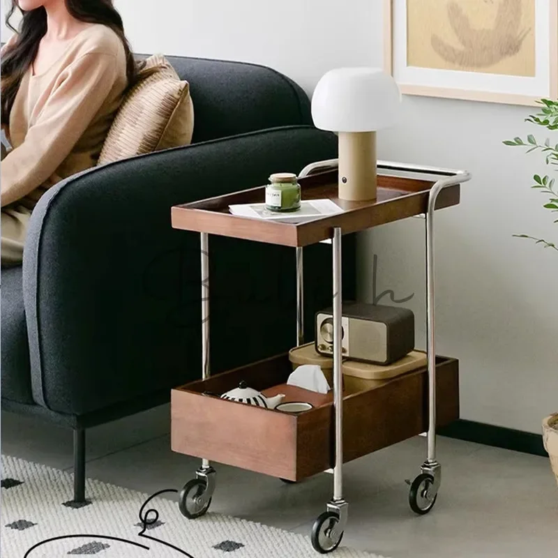 Simple solid wood coffee table trolley modern home living room sofa removable side cabinet rack