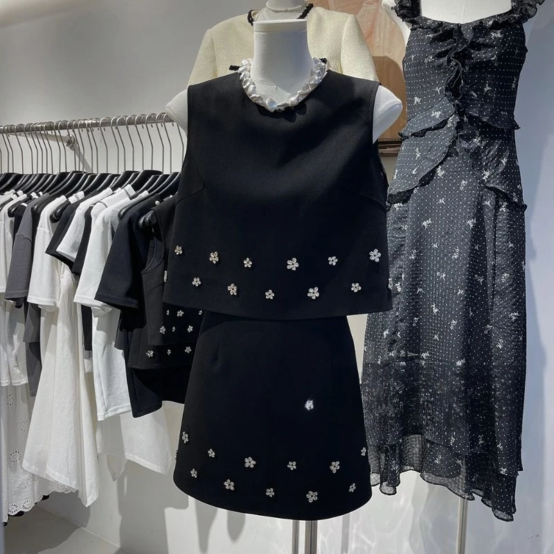 

Elegant Heavy Beading O-neck Sleeveless Loose Black Vest+ A-line High Waist Mid-length Skirts 2025 New Two Piece Sets