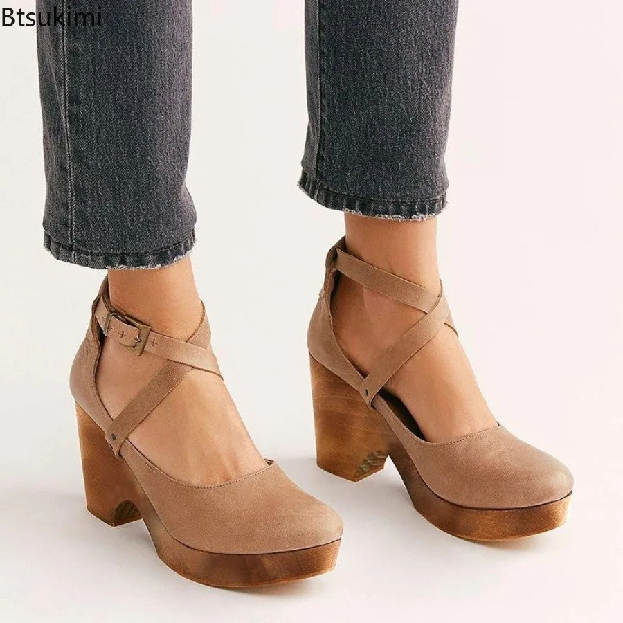 

2025 Women's Khaki High Heels Shoes Dress Pumps Strap Cross Lace Up Sloping Heel Lady Shoes Party Wedding Office Shoes Female
