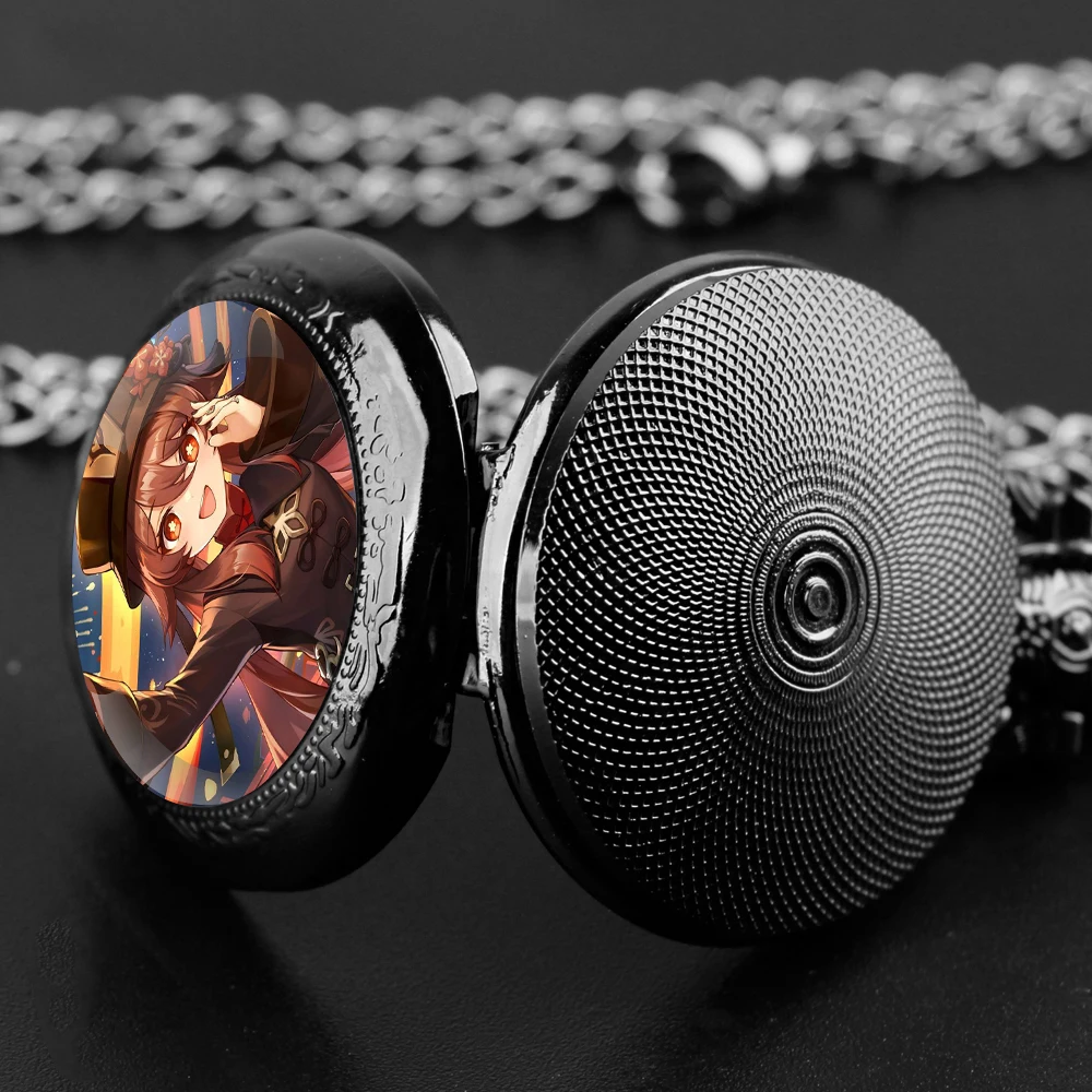 Pocket Watch with Game Characters Design under Glass Dome Boasts Chain and Arabic Numeral Dial Suitable Halloween Gifts