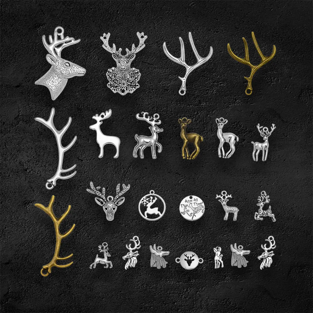 5-50pcs/lot Antique Christmas Deer Antlers Charms Xmas Elk Pendant For Diy Jewelry Making Supplies Wholesale Items Resale Bulk