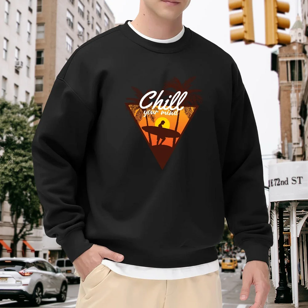 

Men's Black Crew Neck Pullover Sweatshirt, Loose Casual Top with Chill Letter Print, Street Fashion Versatile and Comfortable, Suitable for Daily Outings and Sports