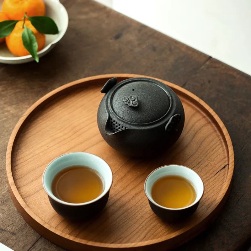 Frosted black pottery travel tea set Japanese-style ceramic office one pot two cups portable bag outdoor car tea maker