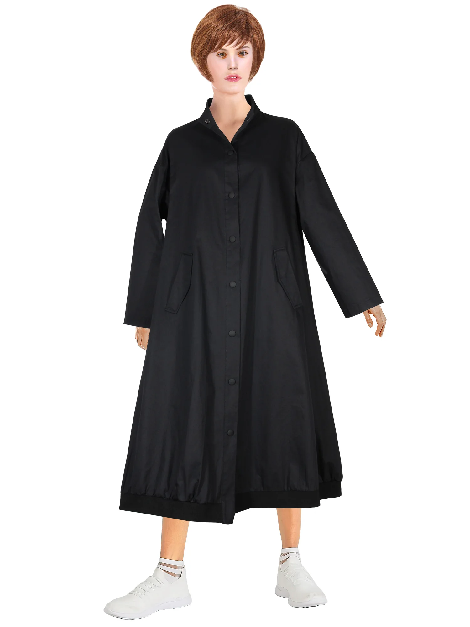 Solid Black Button Down Women Dress Chic Spring Raglan Long Sleeve Pocket Casual Loose Long Flare Dress