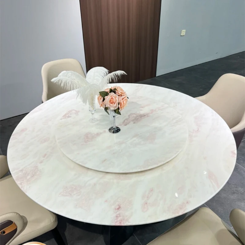Mesa redonda de piedra de lujo en polvo Fendi importada, mesa de comedor redonda sencilla y moderna de mármol natural rosa arcoíris italiano ligero de lujo