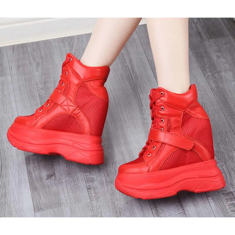 Women High Top Breathable Sneakers Comfortable High Heels Invisibly Height Increasing 14CM Red Wedges Pumps High Platform Shoes