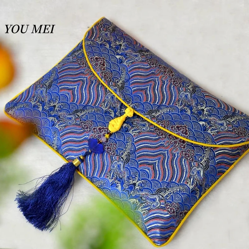 Tibetan-Style Silk Thickened Bag,Blue Embroidered Auspicious Clouds Pattern Text Scripture Organizer Bag,Buddhist Religious Item