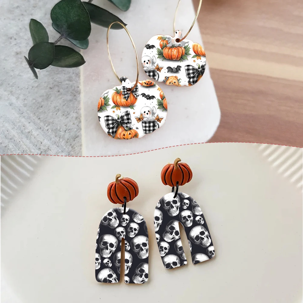 Halloween castelo abóbora esqueleto tumba horrível fantasma brincos de cerâmica macia transferência de água adesivo de papel para fazer jóias