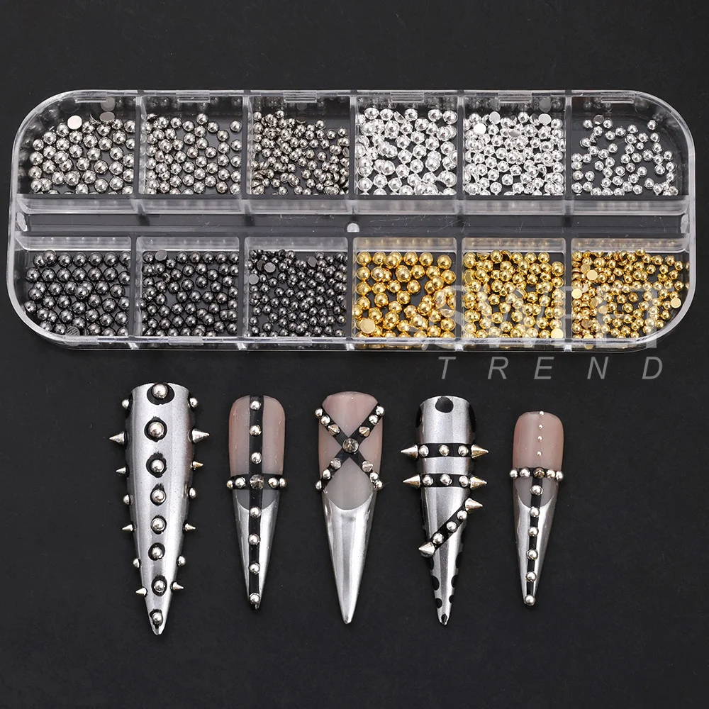 SWEET TREND-Punk 3D Half Round Beads Nail Art Charms Metal Rivet Nail Jewelry Nail Art Decoration Accessories For DIY Manicure