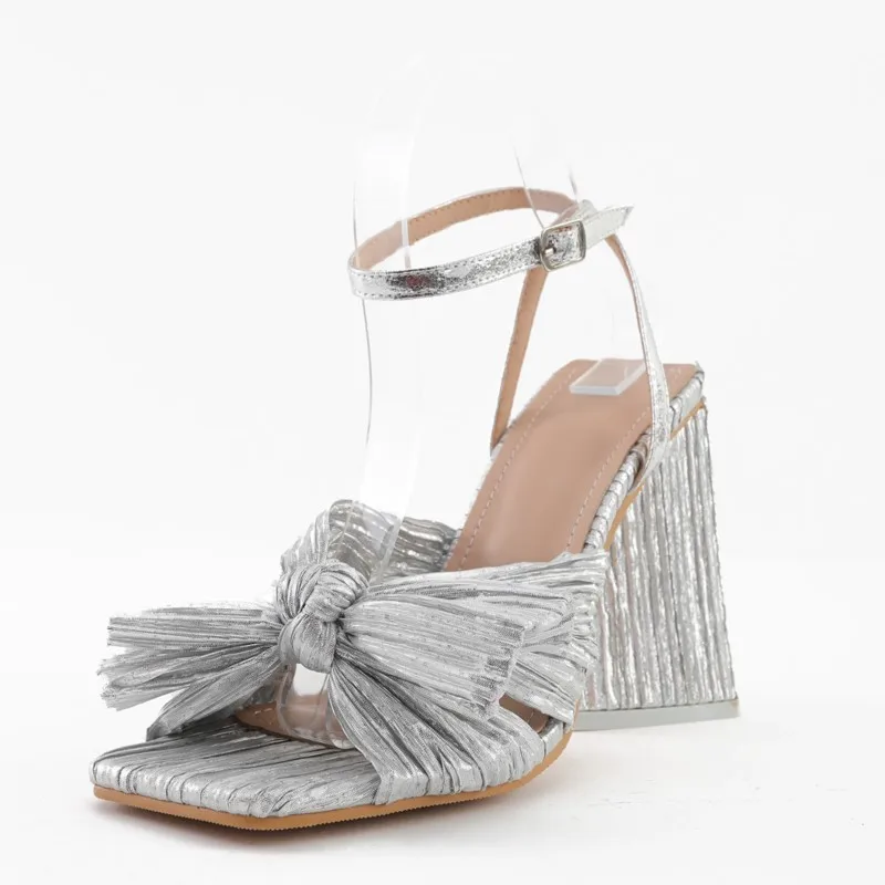 Foreign trade women's shoes, sandals, high heels, thick heels, bow ties, silk, retro style, fairy-like shoes, vintage trend