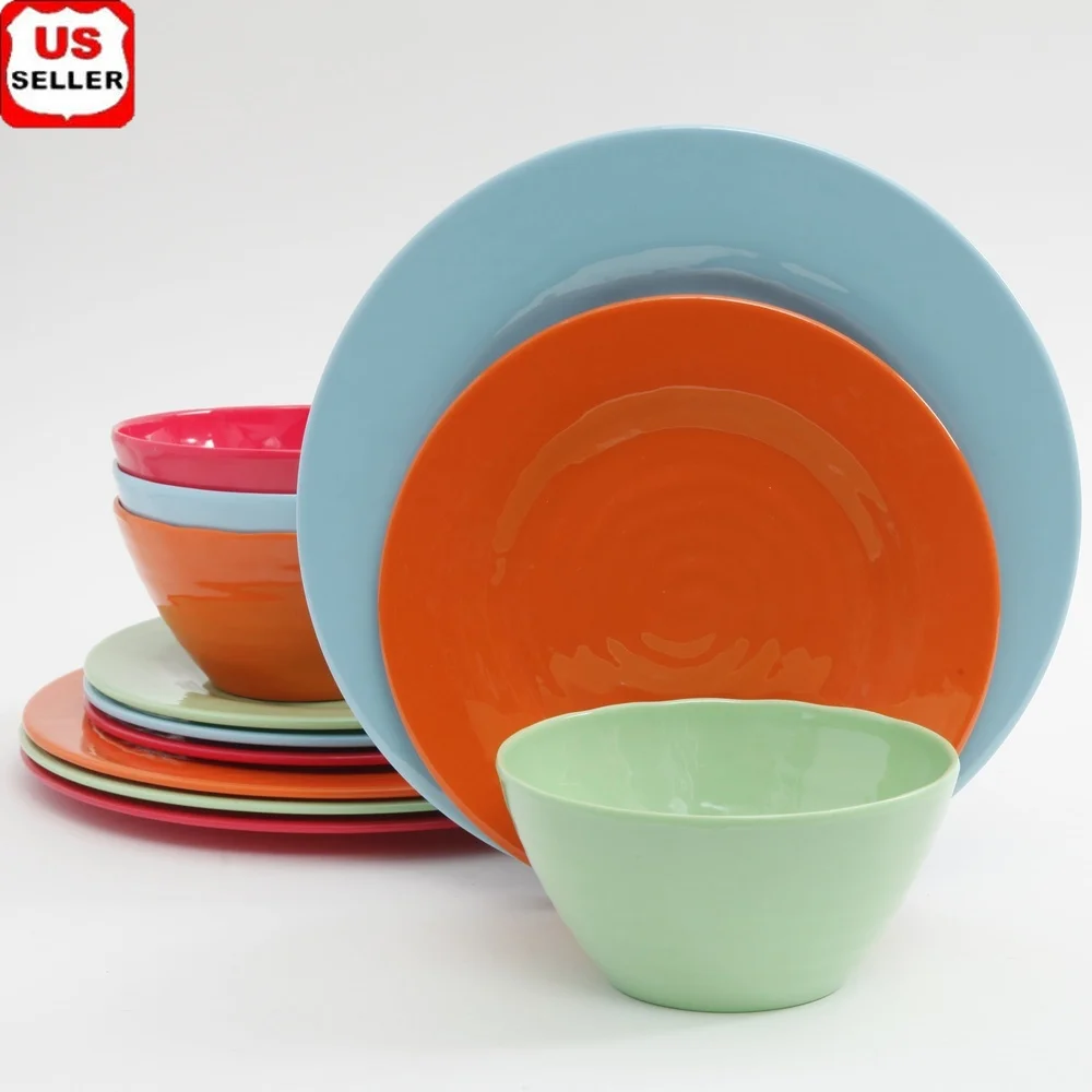 

12-Piece Melamine Dinnerware Set Service 4 Includes Plates Bowls Dishwasher Safe Assorted Colors Perfect Family Meals