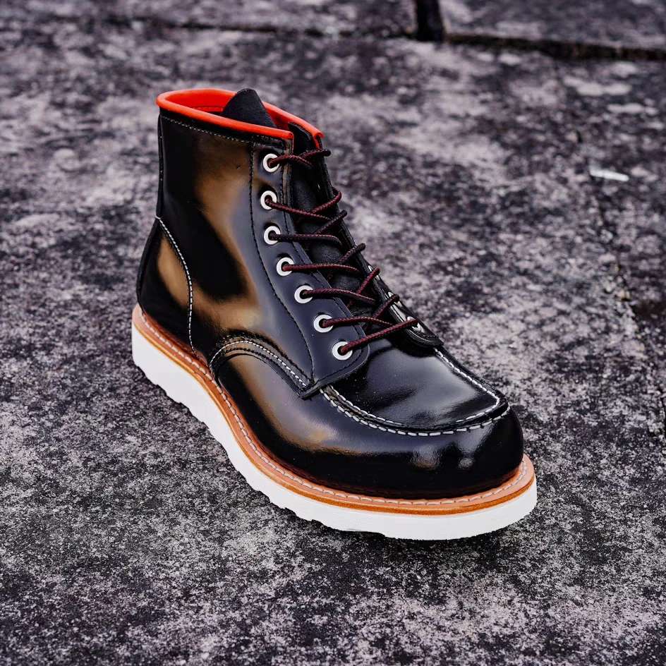 Handmade Goodyear 875 Men Black Ankle Boots Wings Cow Leather Autumn Winter Dress Shoes Tooling Motorcycle Boots Work Round Toe