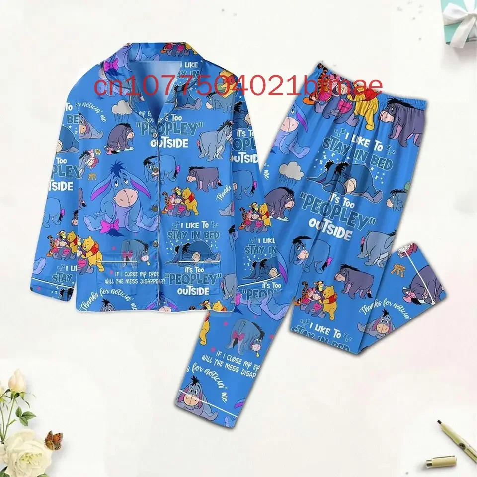 Disney Eeyore Christmas Pajamas Set Spring Summer New Disney Women\'s And Men\'s Casual Shirt Long Sleeved Pajamas