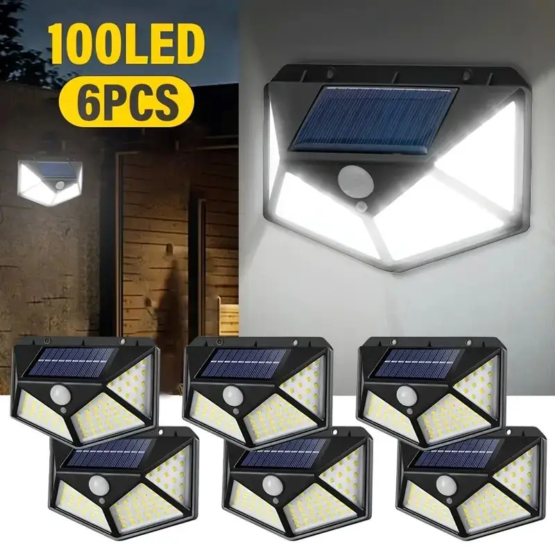 

6 PCS 100 LED Solar Sensor Wall Light Outdoor Sunlight Security Street Lamp 270° Lighting Waterproof Torch Garden Night Lantern