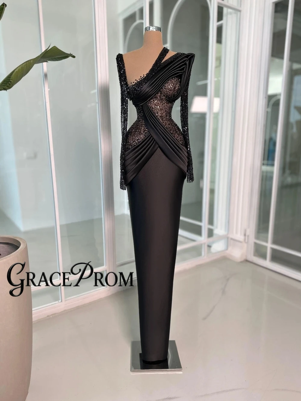 

GRACEPROM Sequined Formal Prom Dress Black Asymmetric Neckline Evening Gown With Draped Satin Detailing Customized Party Wear