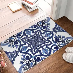 Blue Ornate Floral Mediterranean Sicilian Tile Anti-slip Doormat Floor Mat Durable Carpet Rug for Kitchen Home Footpad Mats