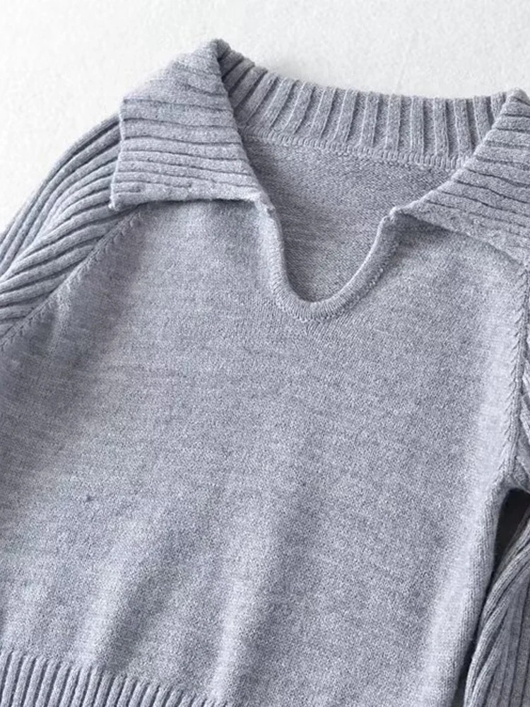 KUCLUT Damski Szary Sweter Dzianinowy Pulower Vintage Kołnierz z Klapami Długi Rękaw Eleganckie Damskie Top