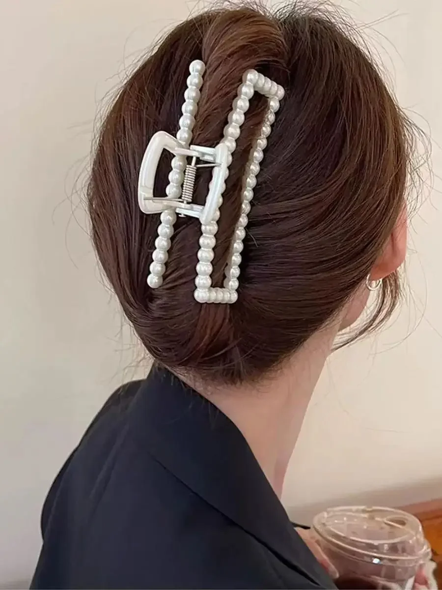 1pc Temperament Large Pearl Hair Clip, Elegant Back of the Head Grip Clip Pan Hair Ponytail Shark Clip, Simple Retro French Clip