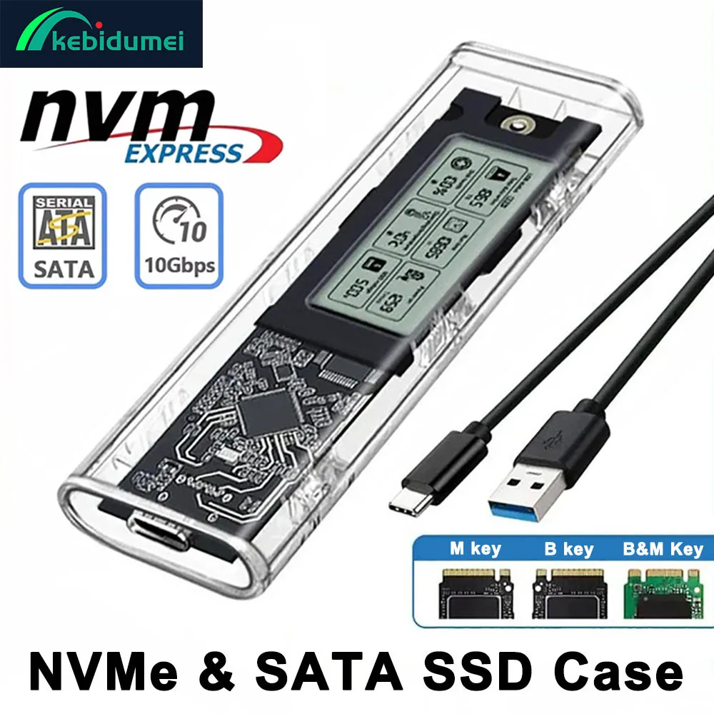

Kebidumei M2 SSD Case NVME SATA SSD Enclosure Free 10 Гбит/с USB 3.2 Gen2 Интеллектуальный цифровой дисплей Внешний адаптер SSD M.2